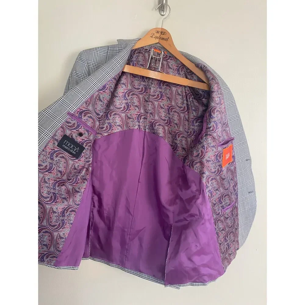 EUC Tallia Silk Wool Blazer Houndstooth Black White Purple Paisley Lined 44R